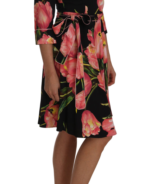 Black Pink Tulip Print Stretch Shift Dress