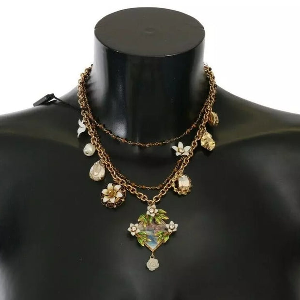 Gold Brass Crystal Floral Statement Charms Necklace