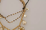 Gold Brass Crystal Floral Statement Charms Necklace