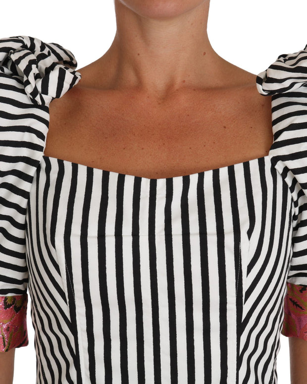 White Black Striped Cropped Top Puff Sleeve Shirts