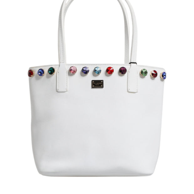 White Leather Crystal DG Logo Shoulder Tote Bag