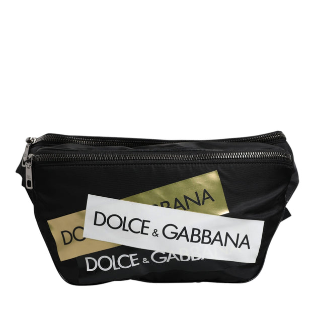 Black Nylon Logo Tape Belt Waist Fanny Pack Bag