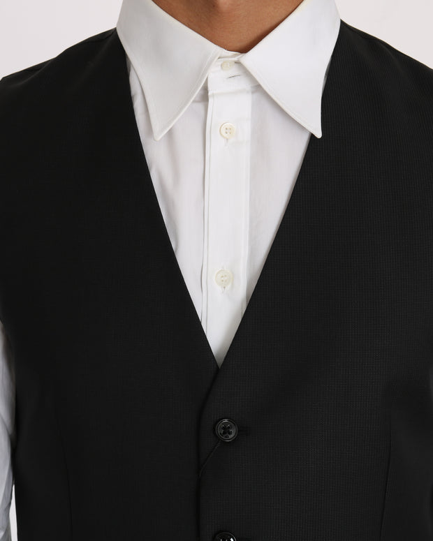 Black Solid Wool Silk Waistcoat Vest