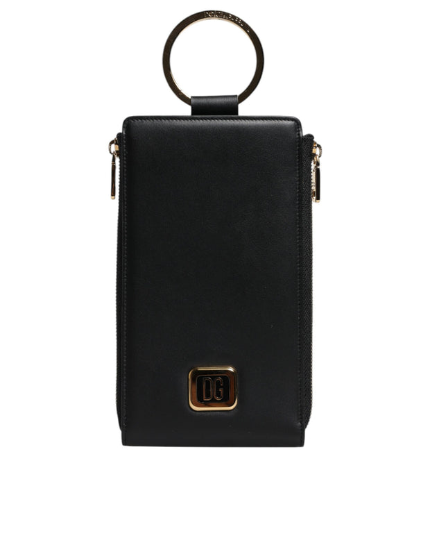 Black Leather Logo Plaque Neck Strap Card Coin Wallet