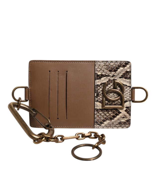 Brown Exotic Leather Card Holder DG Logo Plaque Wallet