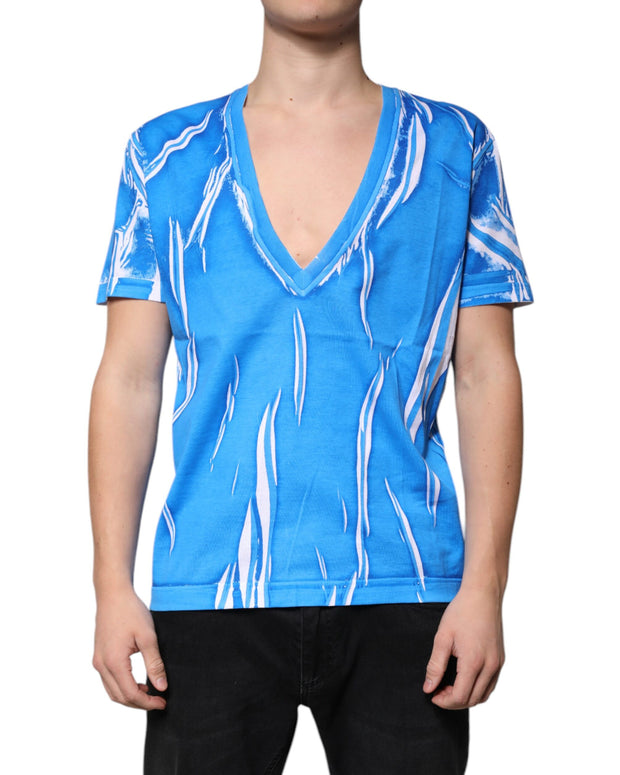 Blue Cotton V-neck Short Sleeves T-shirt