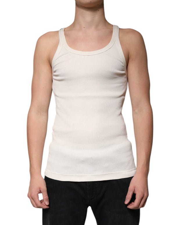 Off White Cotton Sleeveless Round Neck Tank T-shirt