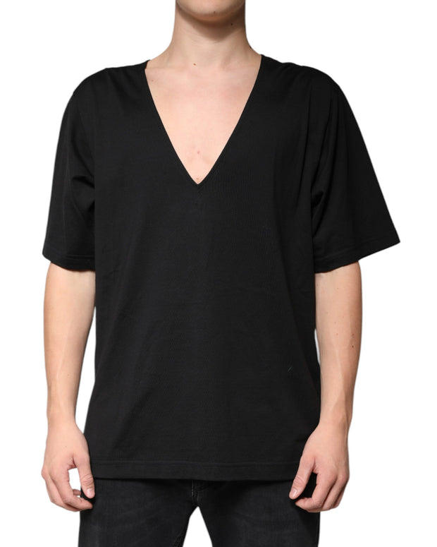 Black Cotton V-neck Short Sleeves T-shirt