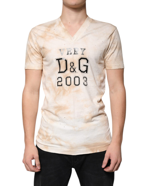 Beige Graphic Print Cotton V-neck T-shirt