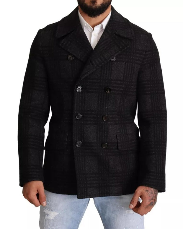 Black Trench Coat Check Wool Jacket
