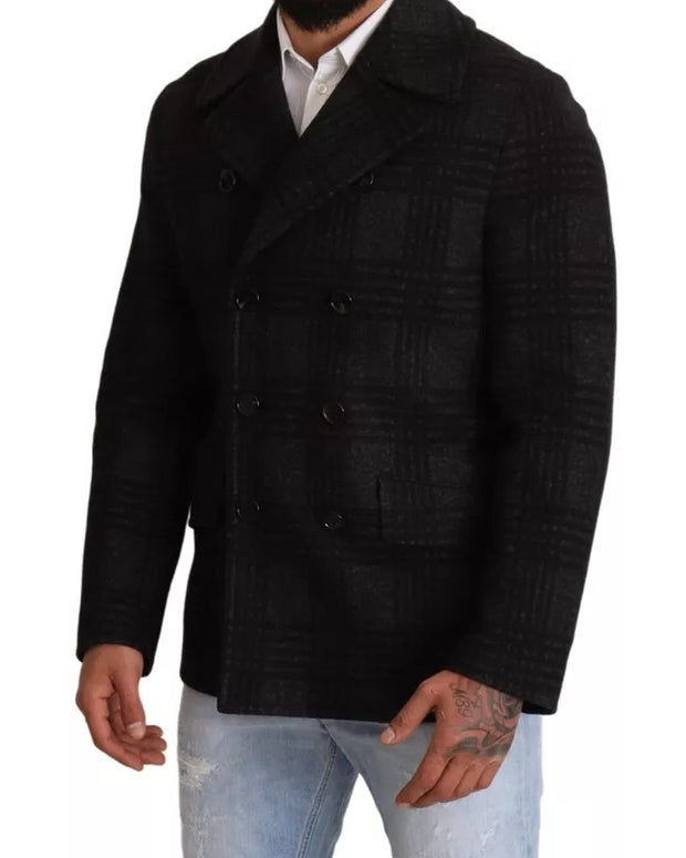 Black Trench Coat Check Wool Jacket