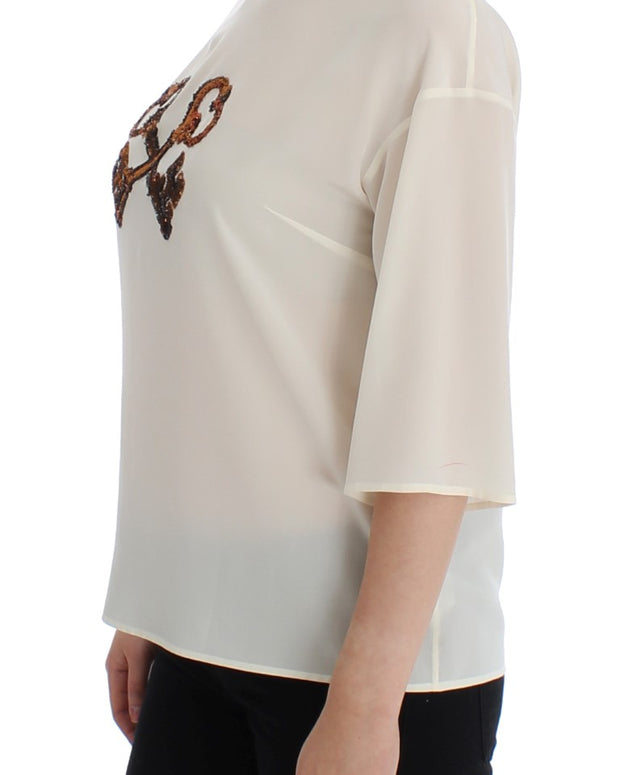 White Sequined Key Silk Blouse T-shirt Top