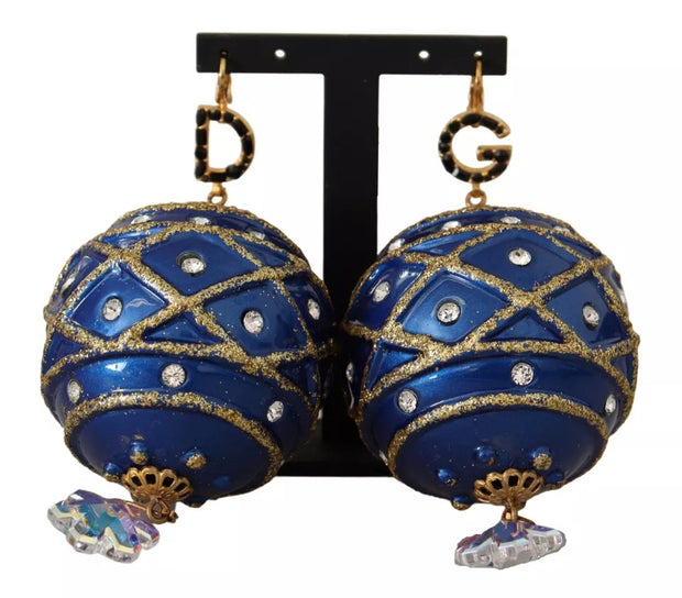 Gold Brass Blue Christmas Ball Crystal Hook Jewelry Earrings