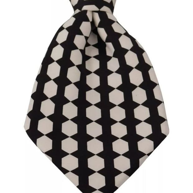 Black White Geometric 100% Silk Adjustable Tie Men