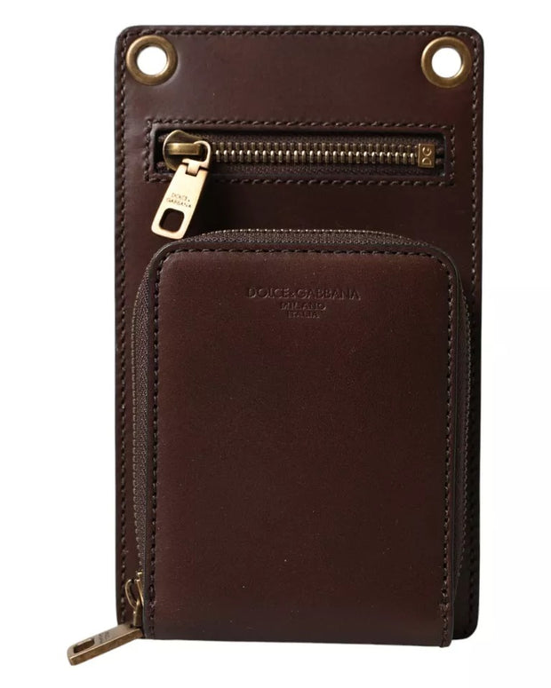 Brown Calf Leather Zip Logo Shoulder Neck Strap Wallet