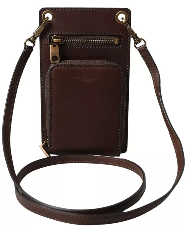 Brown Calf Leather Zip Logo Shoulder Neck Strap Wallet