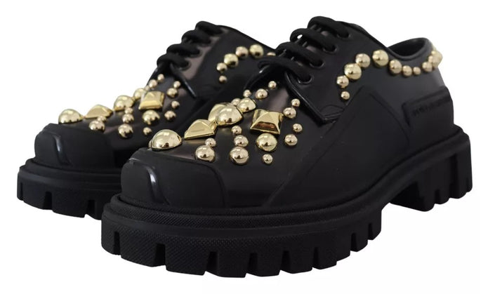 Black Leather Trekking Derby Embellished Shoes