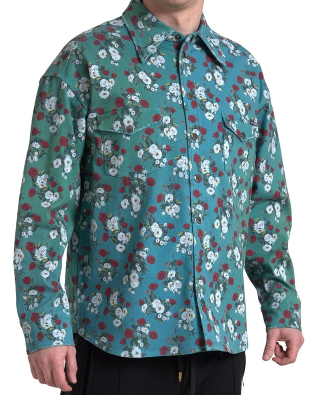 Blue Floral Cotton Button Down Denim Shirt