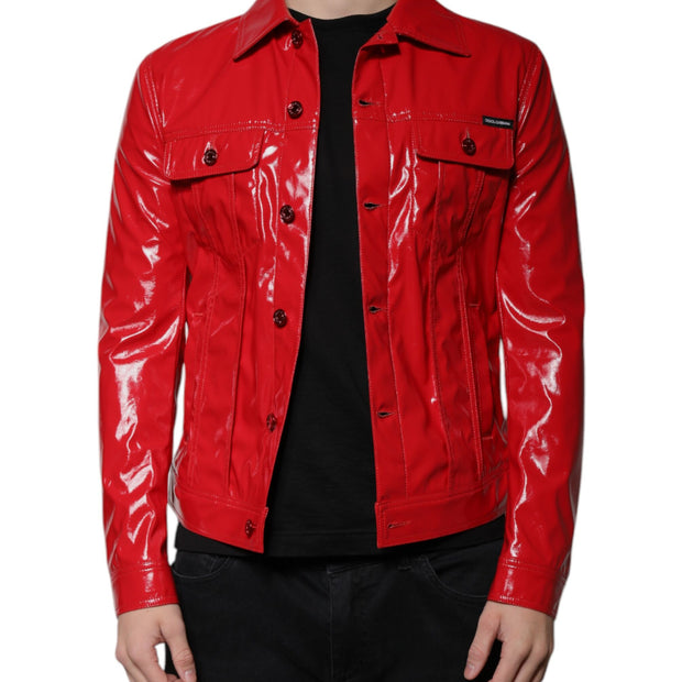 Red Polyester Button Down Collared Jacket