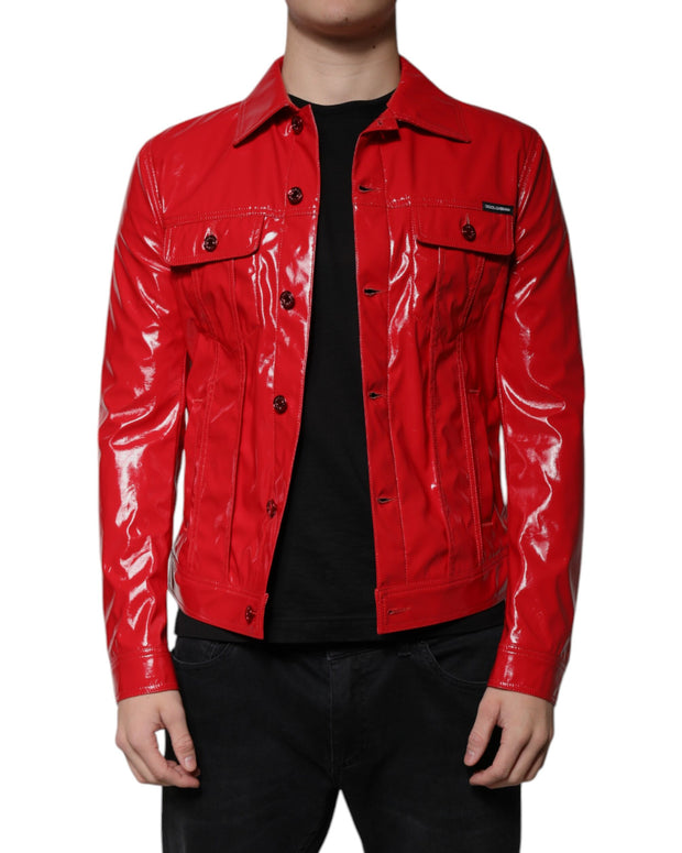 Red Polyester Button Down Collared Jacket