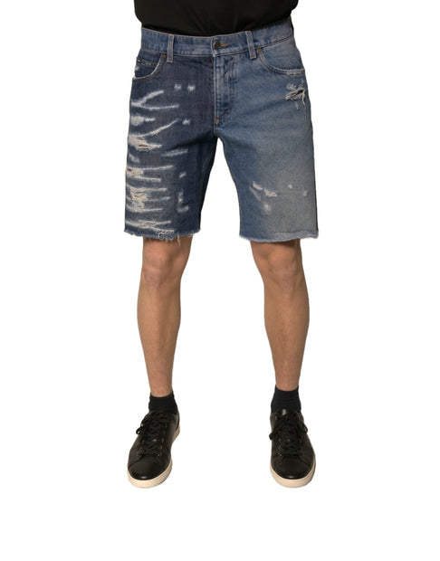 Blue Tattered Cotton Men Bermuda Denim Shorts