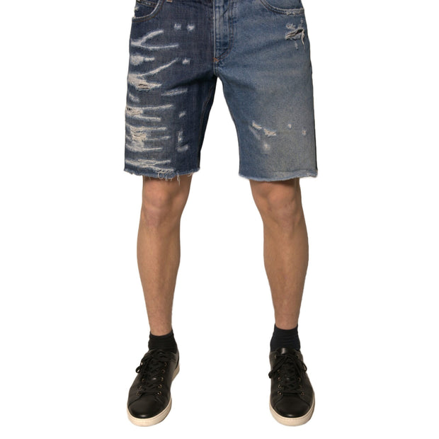 Blue Tattered Cotton Men Bermuda Denim Shorts