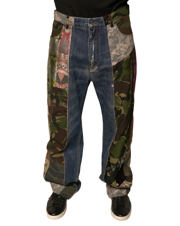 Blue Patchwork Cotton Straight Denim Jeans