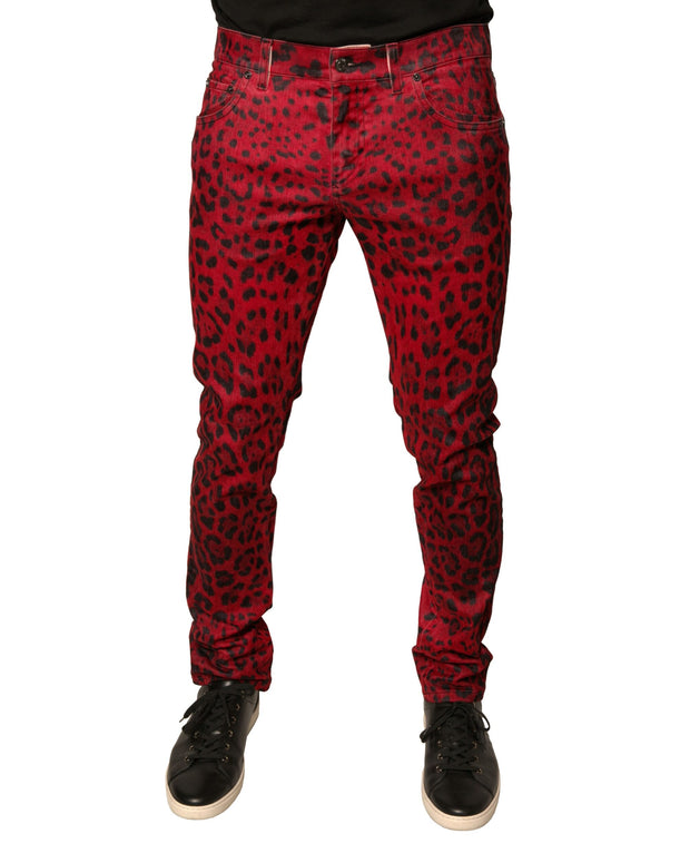 Red Leopard Cotton Stretch Skinny Denim Jeans