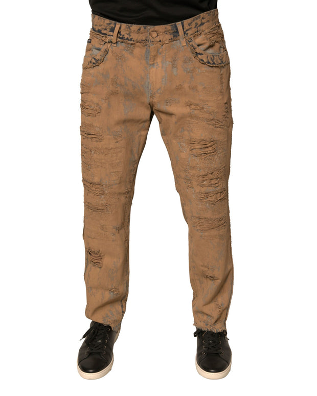 Brown Tattered Cotton Skinny Denim Jeans