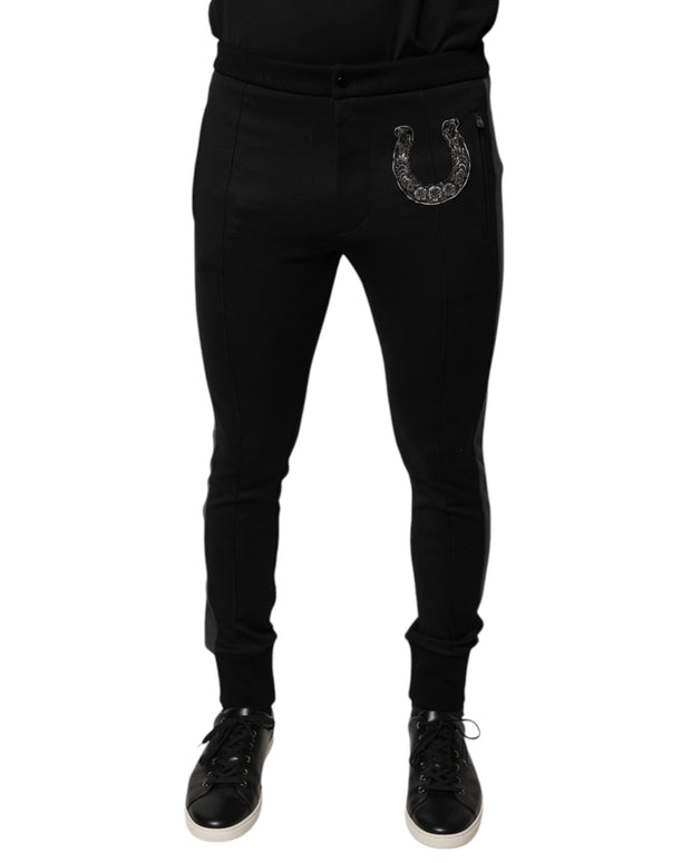 Black Horseshoe Embellished Wool Slim Fit Pants