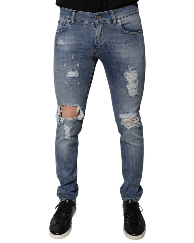 Blue Tattered Cotton Stretch Skinny Denim Jeans