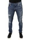Blue Tattered Cotton Stretch Skinny Denim Jeans