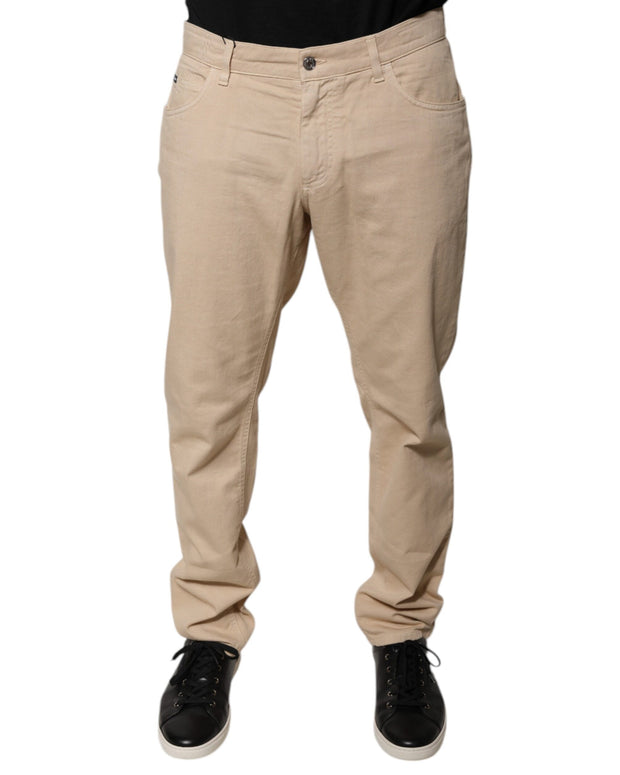 Beige Cotton Mid Waist Skinny Denim Jeans