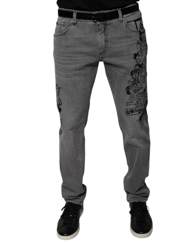 Gray Graphic Print Cotton Skinny Denim Jeans