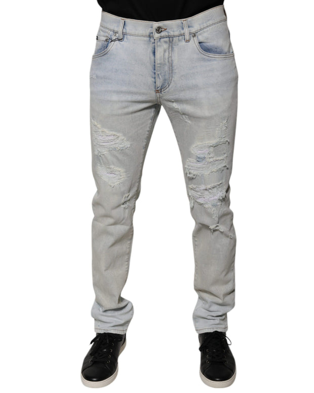 Light Blue Cotton Blend Tattered Skinny Denim Jeans