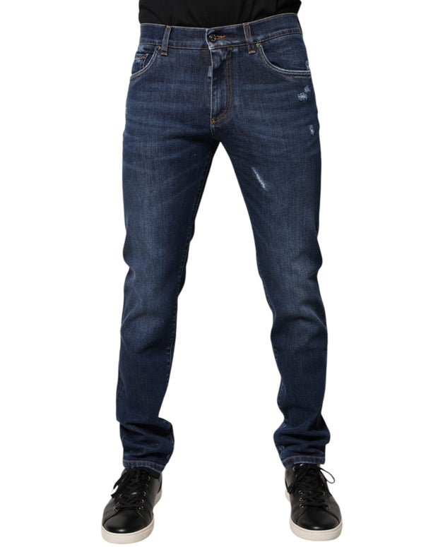 Blue Cotton Logo Print Slim Fit Denim Jeans