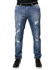 Blue Cotton Stretch Tattered Skinny Denim Jeans