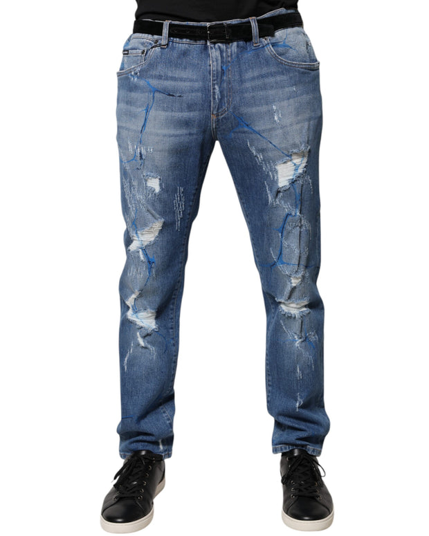 Blue Cotton Stretch Tattered Skinny Denim Jeans