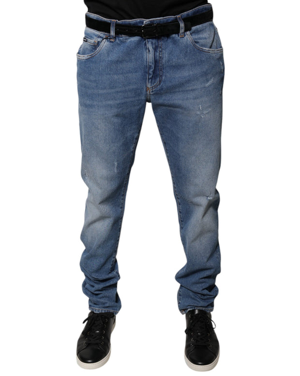 Light Blue Cotton Men Skinny Denim Jeans