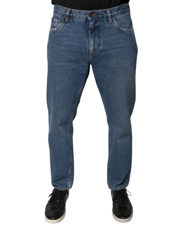 Blue Cotton Logo Men Loose Denim Jeans