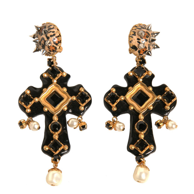 Black Crystal Cross Crystal Embellished Gold Clip On Earrings