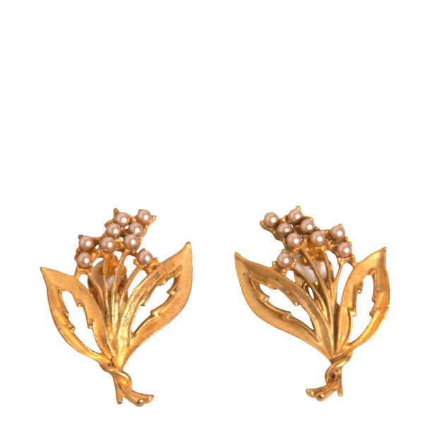 Gold Tone Brass Lily Of The Valley Pearl Clip On Earrings