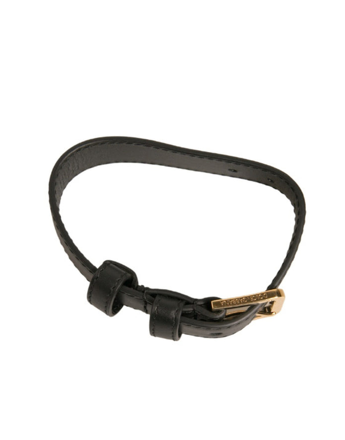 Black Textured Leather Gold Tone Metal Buckle Armband