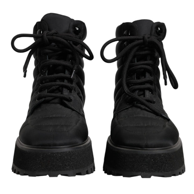 Black Padded Mid Calf Lace Up Boots Shoes