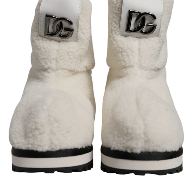 White Plush Logo Padded Mid Calf Boots Shoes