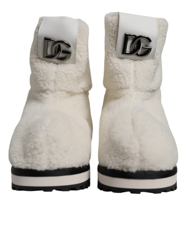 White Plush Logo Padded Mid Calf Boots Shoes