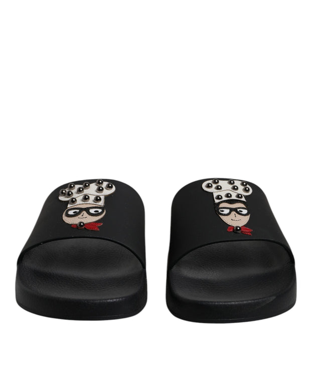 Black Leather Slides Sandals Beachwear Shoes
