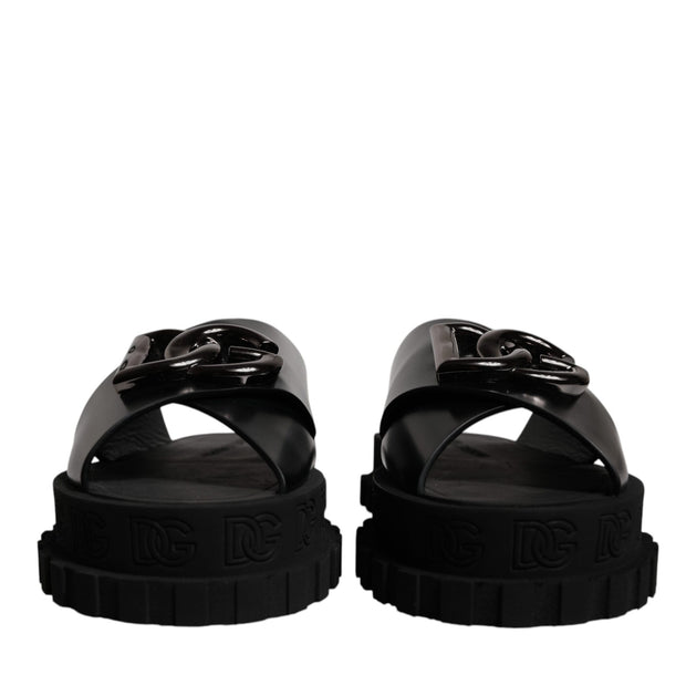 Black Leather DG Criss Cross Slides Sandals Shoes