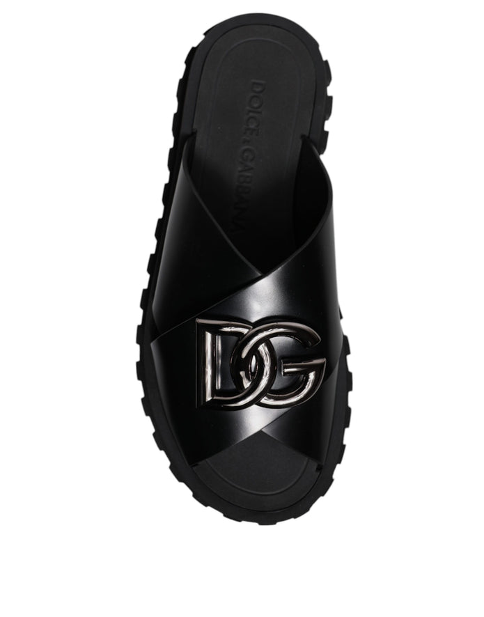 Black Leather DG Criss Cross Slides Sandals Shoes