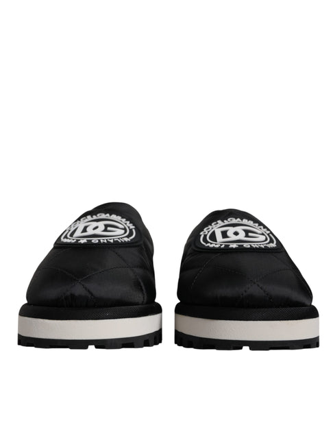 Black Nylon Quilted Logo Patch Sandals Slides Shoes